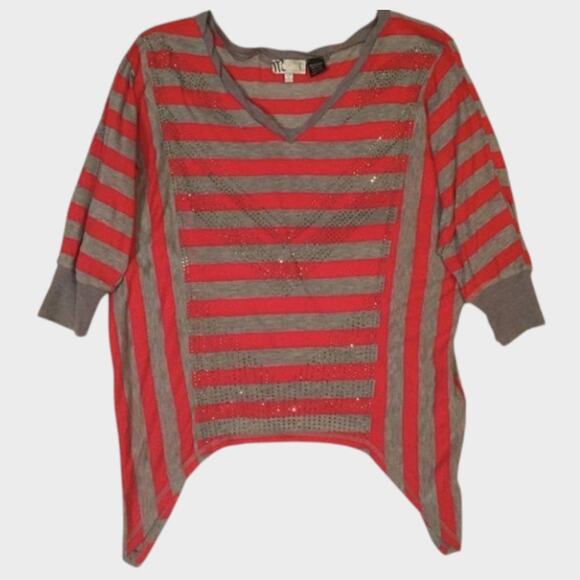 Miss Me Small Top Striped Red Gray Bling Asymetrical Shark Hem Chevron Top - Picture 1 of 8